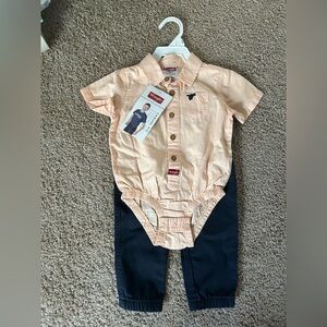 Wrangler Peach Button-Up Baby Shirt with Navy Blue Pants